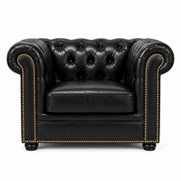 Sillón Chesterfield Moderno de Cuero Negro, Sillón Club de Lujo con Respaldo Acolchado, Detalles de Tachuelas Doradas, Sofá Individual para Oficina u Hogar