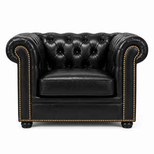 Fauteuil Chesterfield moderne en cuir noir, dossier capitonné de luxe, avec garniture de clous dorés, canapé monoplace pour bureau et maison - Product Image 1
