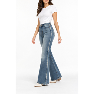 Jean en denim évasé taille haute pour femme avec bords effilochés sur les côtés, bleu moyen, coupe large, style hip-hop, marque privée OEM - Product Image 3