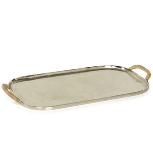 Bandeja Rectangular de Metal Plateado con Asas Tejidas, Bandejas Decorativas Modernas, Paquete Individual - Product Image 1