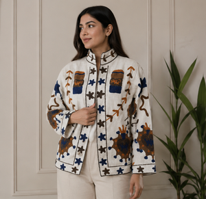 Traditional Suzani Embroidered Cotton <b>Jacket</b> Rust Navy <b>Star</b> Urns Motif Geometric Boho Coat Jaipuri Handmade Artisan Festival - Product Image 4
