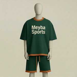 Ensemble T-shirt et short vert pour homme avec logo sportif, tenue décontractée d'été assortie, bordure contrastante, streetwear, ensemble coordonné deux pièces - Product Image 4