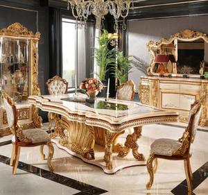 Ensemble de table à manger en teck massif doré royal de luxe, meubles de salle à manger sculptés à l'ancienne, fabriqués en Indonésie - Product Image 1