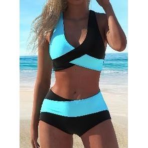 Ensemble bikini colorblock taille haute pour femme, maillot de bain deux pièces torsadé avec dos nu - Product Image 1