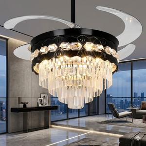 Invisible Retractable Blade <b>Ceiling</b> Fan Luxury Black <b>Crystal</b> Chandelier <b>LED</b> <b>Light</b> Fixture with Remote for Elegant Interiors - Product Image 3