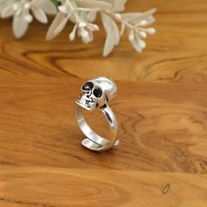 Gothic Skull <b>Ring</b> Silver Adjustable Punk Skeleton <b>Statement</b> Halloween Jewelry | Unisex Gift - Product Image 1