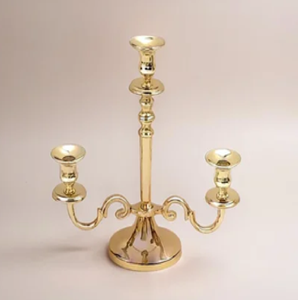 Classic polished gold three-arm <b>candelabra</b> featuring a refined, smooth minimalist silhouette available at wholesale price. - Product Image 1