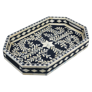 Plateau rectangulaire bleu ciel avec incrustation de os, décoré d'un motif nid d'abeille épuré, disponible à prix de gros. - Product Image 4