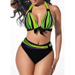 Conjunto de Bikini a Rayas con Cuello Halter para Mujer, Traje de Baño de Dos Piezas de Cintura Alta, Talla Grande, con Ribete en Contraste, Spandex y Poliéster - Product Image 1