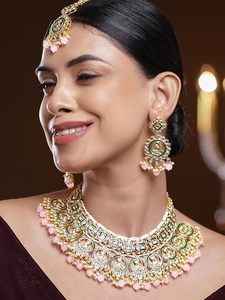 Conjunto de Joyería Étnica de Aleación de Zinc Chapado en Oro con Piedras Verdes y Rosas, Diseño de Flores, Collar y Aretes para Mujer, Moda de Boda - Product Image 2