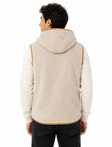 Chaleco con capucha de forro polar Sherpa para hombre, cálido, sin mangas, con cremallera frontal, ropa exterior de invierno, suave, de felpa, color bronceado, con ribete en contraste, informal, liso. - Product Image 3