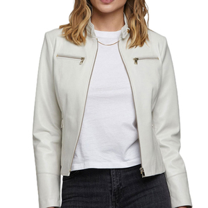 Veste en cuir pour femme, nouvelle collection, couleur unie, col carré, fermeture éclair, style simple, longueur courte, pour l'hiver, prix avantageux - Product Image 1