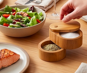 Boîte à épices en bois à deux niveaux avec couvercle pour le stockage du sel et des épices, finition naturelle artisanale, ustensile de cuisine durable - Product Image 6