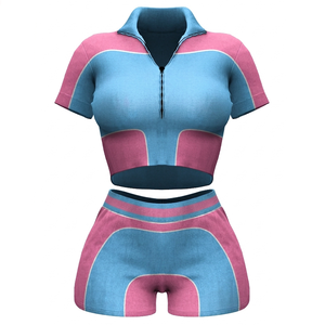 Conjunto de shorts para mujer, tela premium de nylon y spandex con diseño de paneles azules y rosas, logotipo personalizado con transferencia térmica. - Product Image 1