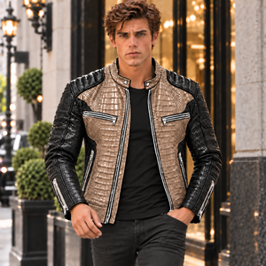 Mens Two Tone for Embossed Leather <b>Biker</b> <b>Jacket</b> with Silk Lining <b>Vintage</b> Design OEM Custom Wholesale - Product Image 1