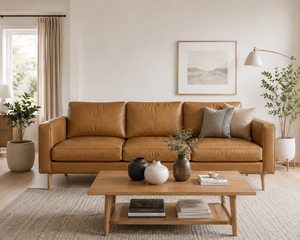 Sofá de Cuero Estilo Escandinavo de 3 Plazas con Estructura de Madera Sólida, Muebles de Sala de Estar Premium, Sofá Moderno de Mediados de Siglo - Product Image 1