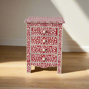 Commode à 4 tiroirs en bois sculpté à la main, incrustations osseuses rouges et blanches traditionnelles, meuble de salon aux prix les plus bas - Product Image 2