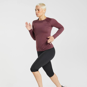 Vêtements de sport haut de gamme pour femmes, couleur bordeaux, manches raglan en spandex, col rond en coton, manches longues - Product Image 4