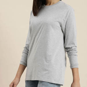 T-shirt à manches longues pour femme, gris, col rond, 100% coton jersey, coupe ajustée, décontracté, couleur unie, manches longues, séchage rapide - Product Image 4