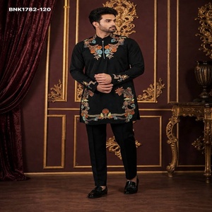 Latest Designer Fancy with Viscose Multi-Thread work & Half-Placket Chain Short Black <b>Kurta</b>-Pant Set Supplier from Surat - Product Image 1