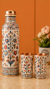 Ensemble de gobelets et bouteilles d'eau de luxe multicolores en cuivre émaillé, motif botanique, faits à la main, avec impression de dessins animés, vaisselle assortie, style Desi - Product Image 4
