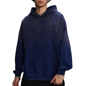 Sudadera con Capucha Azul Marino Oversize para Hombre, de Algodón y Felpa, Color Liso, con Bolsillos, Ajuste Regular, Diseño Desgastado, Ecológica, para Invierno - Product Image 1