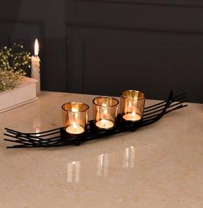 Support à bougies moderne en acier noir avec trois supports en verre dorés pour la décoration de la maison - Product Image 3