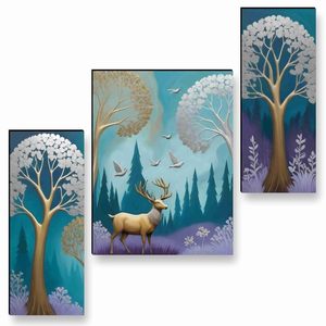 Ensemble de 3 tableaux muraux sur toile avec paysage naturel moderne, cerfs et arbres, pour décoration de salon, rectangulaires, sans cadre - Product Image 5
