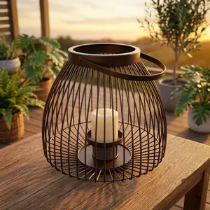 Portavelas de Hierro Hecho a Mano con Diseño Artesanal, Decoración para el Hogar, Estilo Jaula Metálica, Acabado Marrón, Modelo L913 - Product Image 1