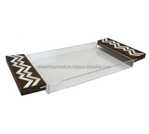 Haute qualité carré fait à la main Style arabe nacre incrustation Acacia manche en bois décoratif métal acrylique plateau de service maison - Product Image 3