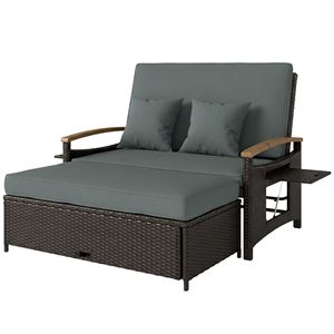 Lit de repos d'extérieur réglable en rotin avec dossier à 4 niveaux, accoudoirs en bois d'acacia, canapé-lit de patio gris mélangé avec ottoman de rangement - Product Image 1