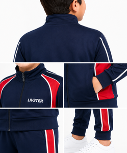 Ensemble de survêtement pour garçons, bleu marine, rouge et blanc, veste à demi-zip, fermeture à cordon, séchage rapide, 100% polyester, léger - Product Image 4