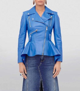 Natural Leather Women Jacket Real Sheep Blue <b>Zipper</b> Fashion Designer Autumn Winter Breathable Letter Logo - Product Image 4