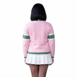 Cardigan en tricot respirant style preppy vintage pour femme, motif lettres, vert rose, en coton torsadé, style sororité, vêtements grecs, vente en gros - Product Image 2