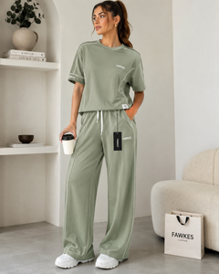 Ensemble de survêtement rose pour femme Fawkes, col rond, manches courtes, coupe ample, pantalon long avec poches latérales, cordon de serrage, décontracté, printemps - Product Image 4