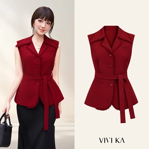 Women's Sleeveless <b>Red</b> Peplum Vest Frayed Lapel Notch Collar Self Tie Waist <b>Belt</b> Tailored Top Polyester Spandex LUCIA - Product Image 1