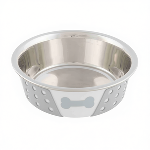 Ciotola per Animali Domestici in Acciaio Inox e Silicone 0,4l Bianco Grigio con Design a Osso per Cani - Product Image 2
