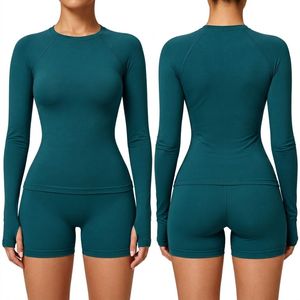Hot Sale Teal Green Yoga <b>Tops</b> Long Sleeve Crew Neck Nylon Spandex Four-Way Stretch <b>Thumb</b> <b>Holes</b> Active Athletic <b>Tops</b> - Product Image 1