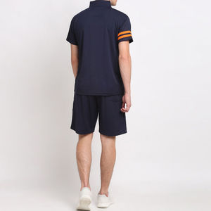 Men's Navy Blue Sporty <b>Polo</b> Shirt Set With <b>Orange</b> Stripes Breathable Knitted Summer Wear Short Sleeve Top And Shorts - Product Image 2