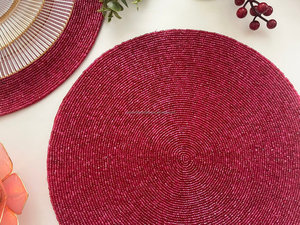 Vibrant Fuchsia Round Beaded Placemat Handmade <b>Bamboo</b> <b>Table</b> Mat Bohemian Design 450mm Diameter - Product Image 4