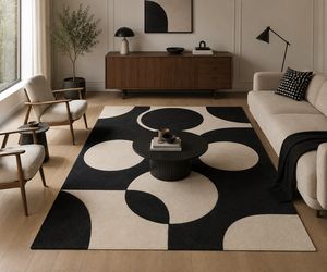 Alfombra de Lana Hecha a Mano Personalizada, Estilo Moderno Bauhaus, Círculos Geométricos, Color Negro Crema, Alfombra de Mediados de Siglo para Sala de Estar, Alfombra OEM - Product Image 6