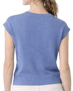 Gilet d'été décontracté et élégant pour femme, en maille bleue personnalisée, sans manches, brodé de fleurs, col rond, doux et léger - Product Image 2