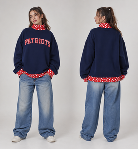 เสื้อสเวตเชิ้ตผู้หญิงแบบถักลายตัวอักษร Patriots 2 ชิ้น สีแดง คอปกและปลายแขนเสื้อลายจุด  แขนยาว คอเต่า สวมใส่สบายๆ สำหรับฤดูใบไม้ร่วง - Product Image 4