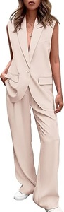 Women's Sleeveless <b>Blazer</b> <b>Set</b> Loose Fit Wide Leg Pants Two Piece Suit Casual Spring Summer Solid Color Woven Fabric - Product Image 6