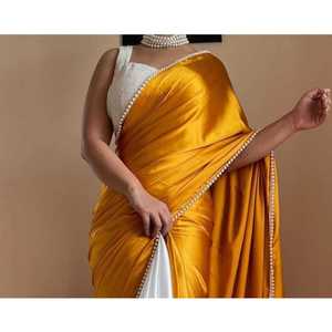 ผ้าส่าหรีขอบลูกไม้สีเหลืองผ้าซาตินผ้าไหมมอติจากนักออกแบบ - Product Image 1