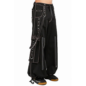 Pantalon cargo gothique punk unisexe personnalisé, noir et blanc, surpiqûres contrastées, sangles, multi-poches, coupe large, style techwear, élastique - Product Image 3