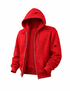 Sweat à capuche unisexe rouge déchiré avec fermeture éclair, effet vintage, en molleton, style streetwear, coupe oversize, poches, impression numérique - Product Image 3