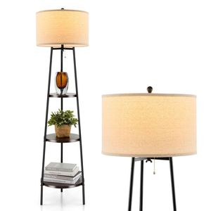 Lampada da Terra Moderna con Ripiani Portaoggetti e Paralume in Tessuto di Lino - Product Image 4