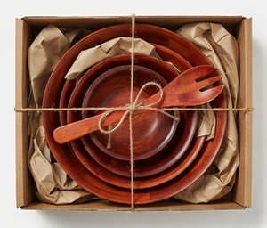 Ensemble élégant de saladiers en bois avec cuillère et fourchette de service, vaisselle ronde durable et lavable au lave-vaisselle pour un usage quotidien - Product Image 6