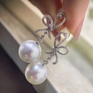 Manufacturer Wholesale S925 Pure Silver Dangle Earrings with Natural Pearl 10-9MM Round Face Flawless <b>Matching</b> Gift <b>Box</b> - Product Image 3